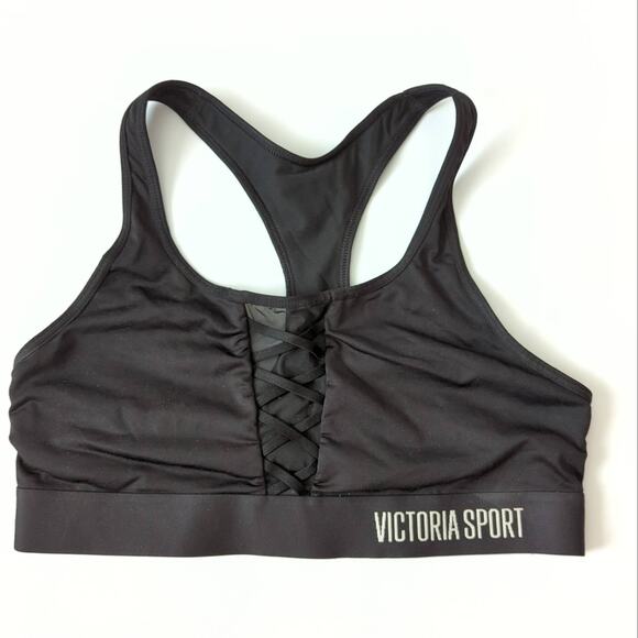 Victorias Secret Sports Bra Black Mesh Lace Up Front Medium The Player Racerback - Picture 1 of 5